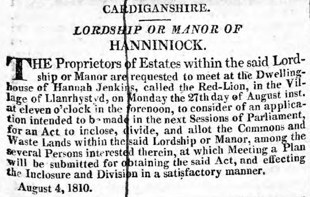 Printed by: The Carmarthen Journal and South Wales Weekly Advertiser - 25th August 1810.